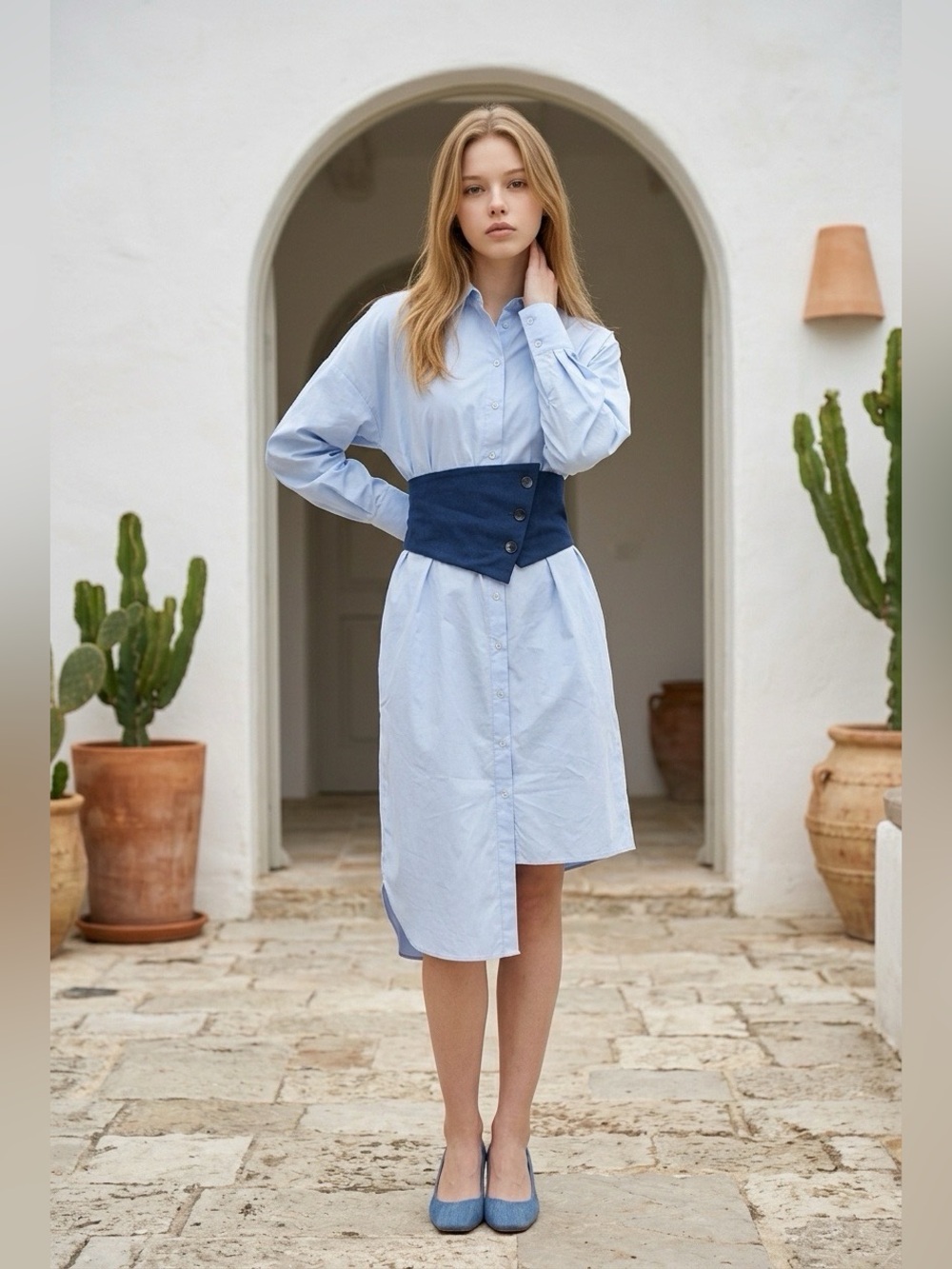 Tibi Blue Button-Up Shirt Dress with Navy Corset  Belt, Size M